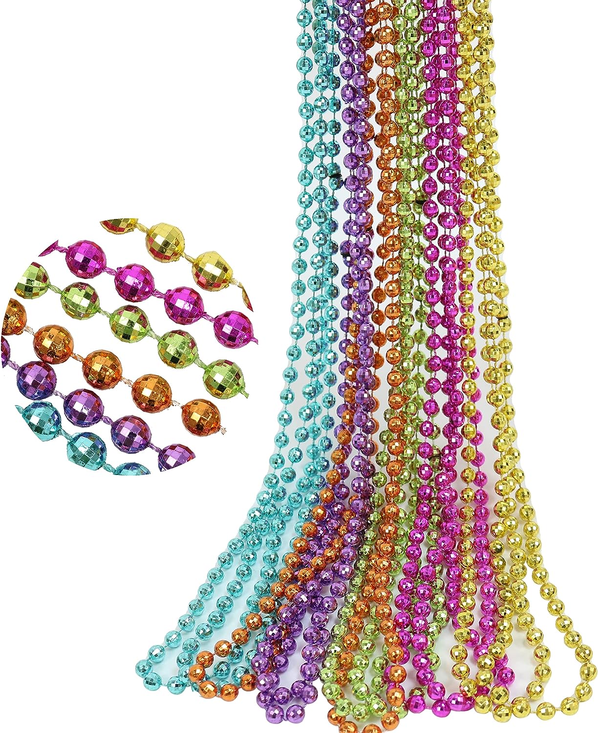 GIFTEXPRESS 33" Mardi Gras Beads Necklaces, Metallic Assorted Neon Color Disco Ball Beaded Necklace (Pack of 12)