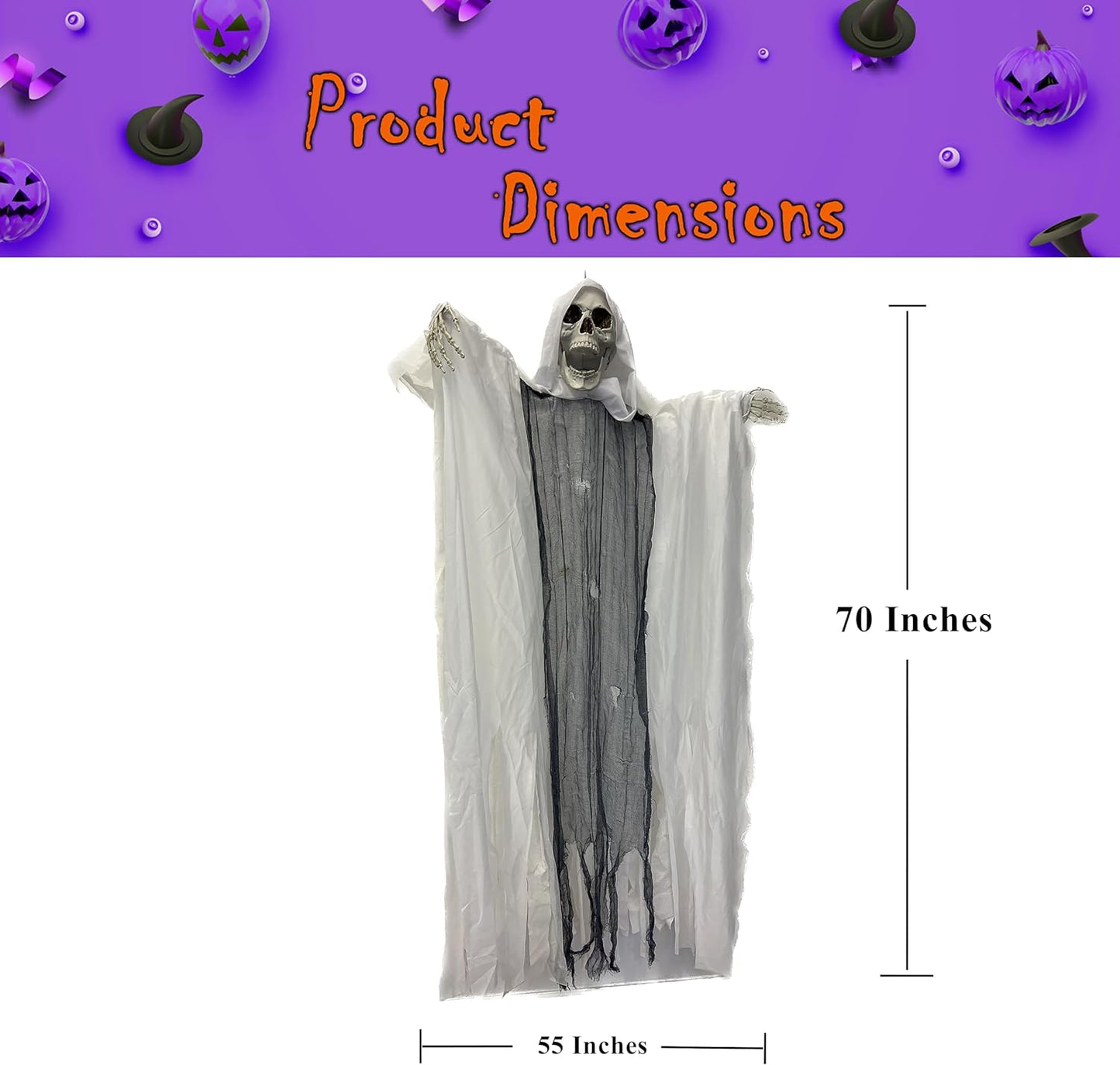 GIFTEXPRESS Grim Reaper White 5FT Halloween Sound Activate Hanging Reaper with Glowing Eyes, Scary Sounds and Moving Arms and Head