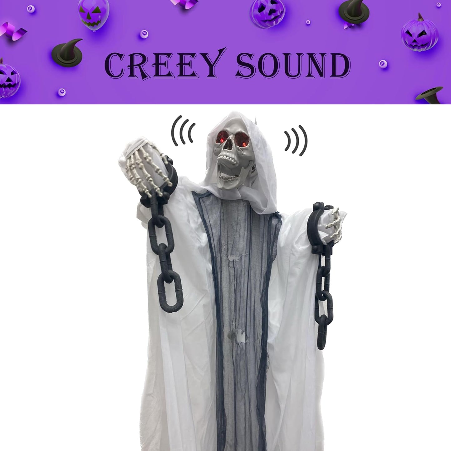 GIFTEXPRESS Grim Reaper White 5FT Halloween Sound Activate Hanging Reaper with Glowing Eyes, Scary Sounds and Moving Arms and Head