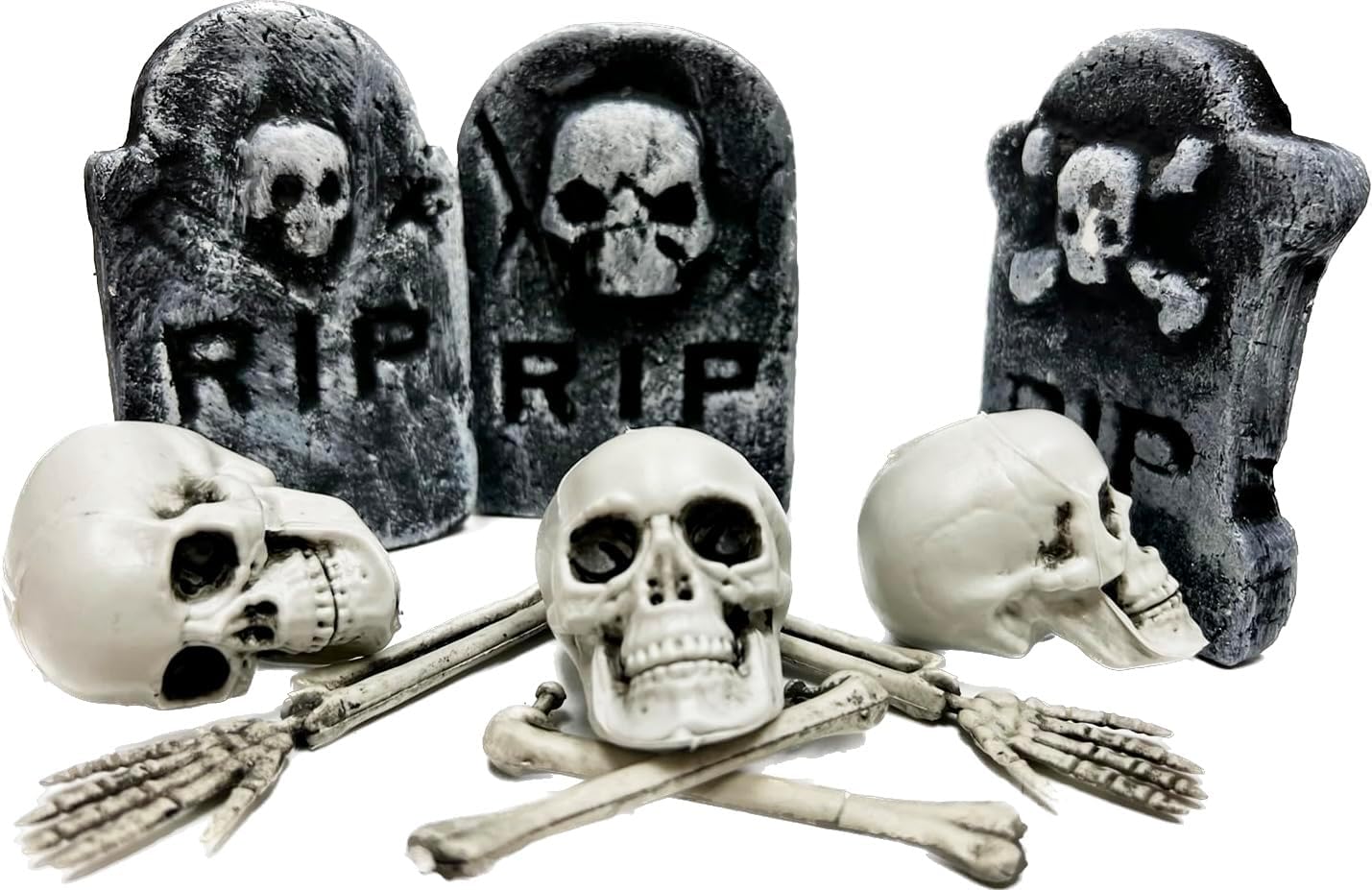 GIFTEXPRESS 6pcs Tombstone Skeleton Set Table Décor Figurine Set, Halloween Props, Realistic Bones and Skulls for Halloween Décor
