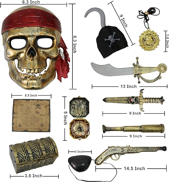 GIFTEXPRESS - 11 accesorios de disfraz de pirata de Halloween de lujo para niños, set de juego de rol de pirata, disfraces de pirata de Halloween