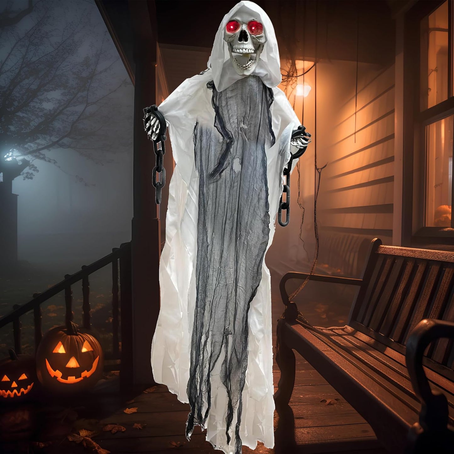 GIFTEXPRESS Grim Reaper White 5FT Halloween Sound Activate Hanging Reaper with Glowing Eyes, Scary Sounds and Moving Arms and Head