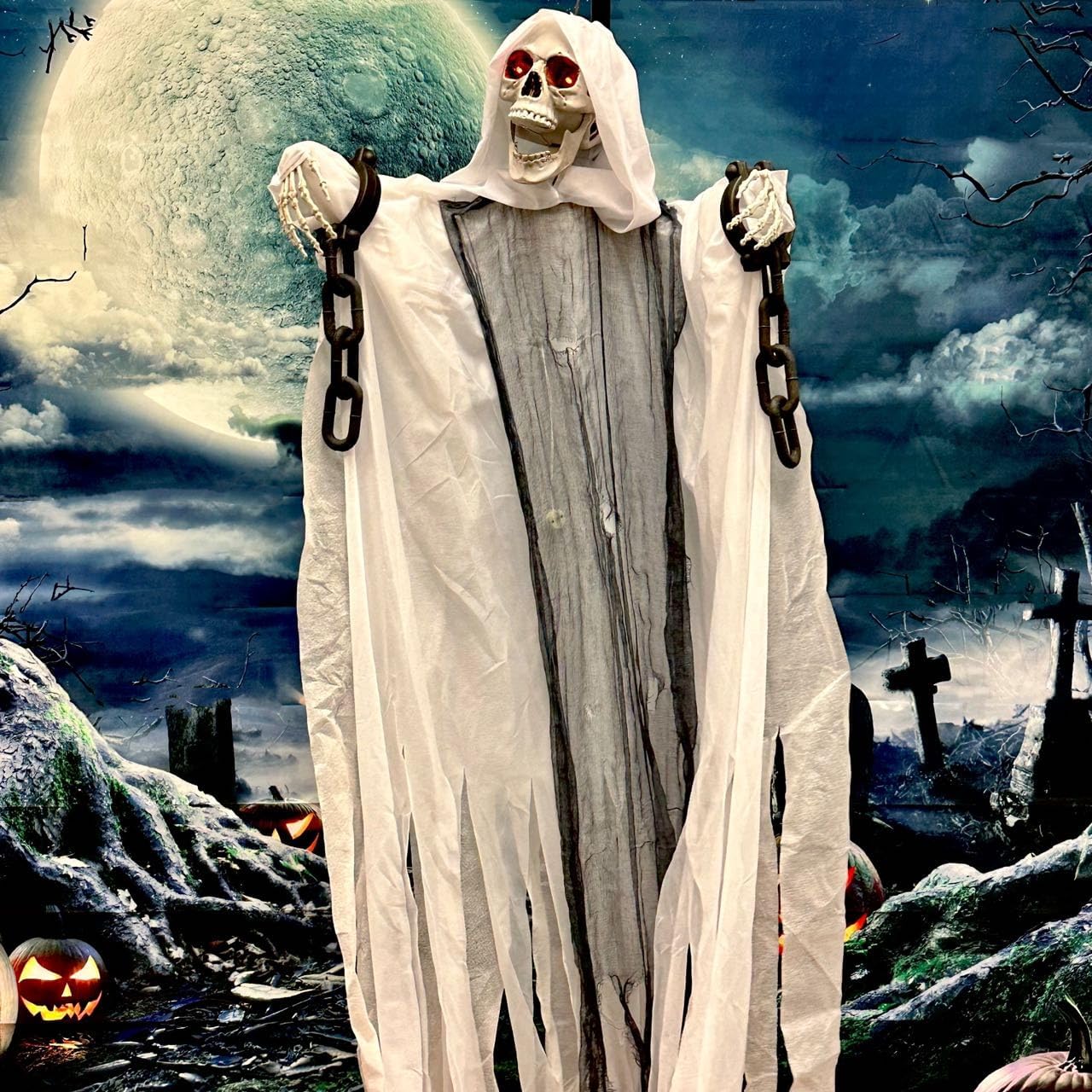GIFTEXPRESS Grim Reaper White 5FT Halloween Sound Activate Hanging Reaper with Glowing Eyes, Scary Sounds and Moving Arms and Head