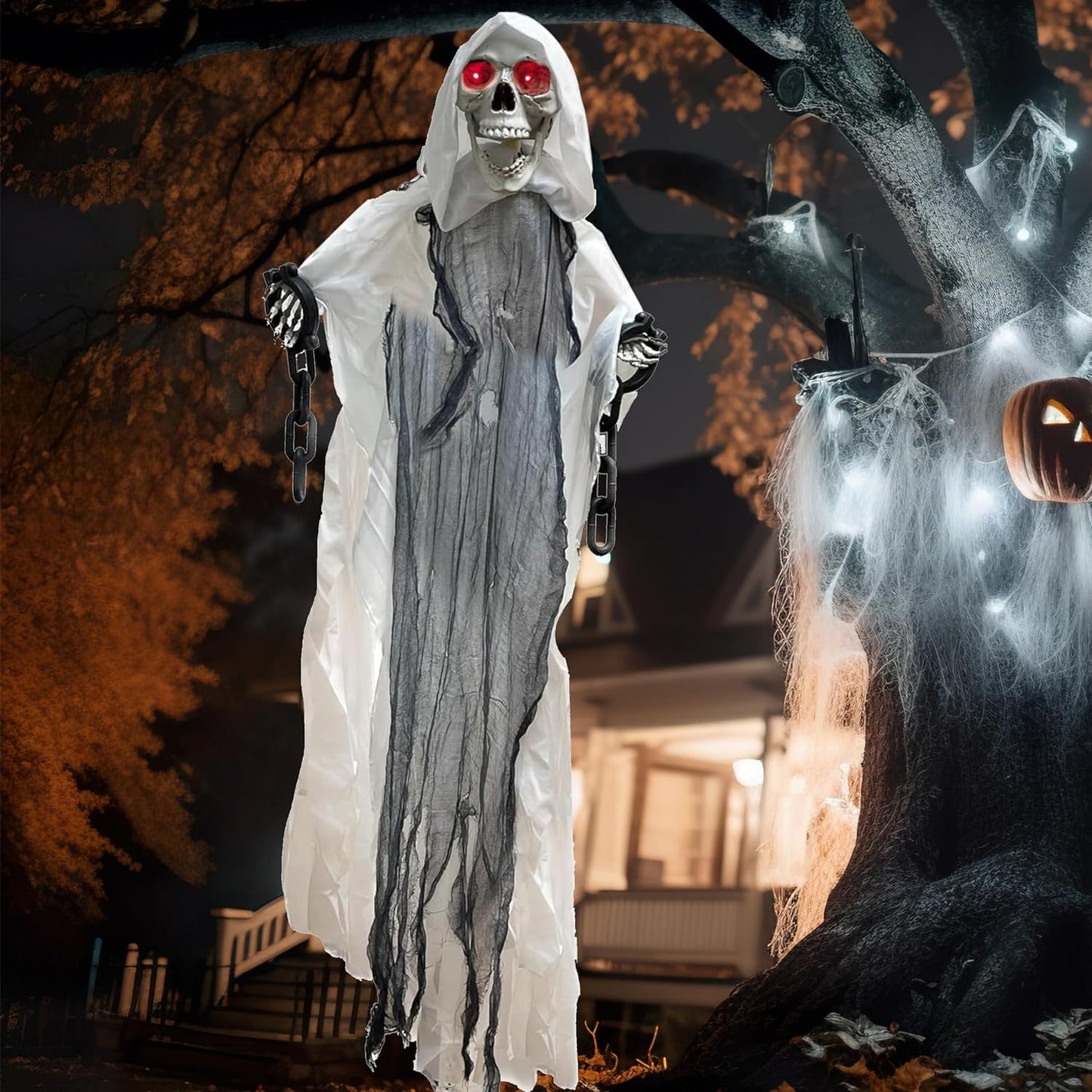 GIFTEXPRESS Grim Reaper White 5FT Halloween Sound Activate Hanging Reaper with Glowing Eyes, Scary Sounds and Moving Arms and Head