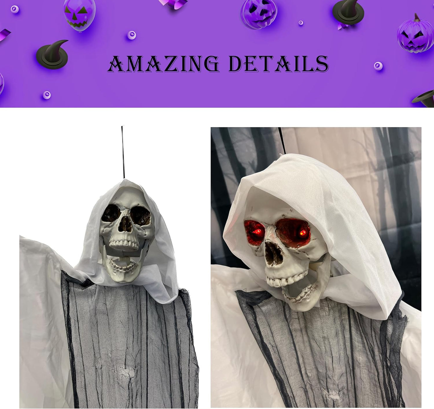 GIFTEXPRESS Grim Reaper White 5FT Halloween Sound Activate Hanging Reaper with Glowing Eyes, Scary Sounds and Moving Arms and Head