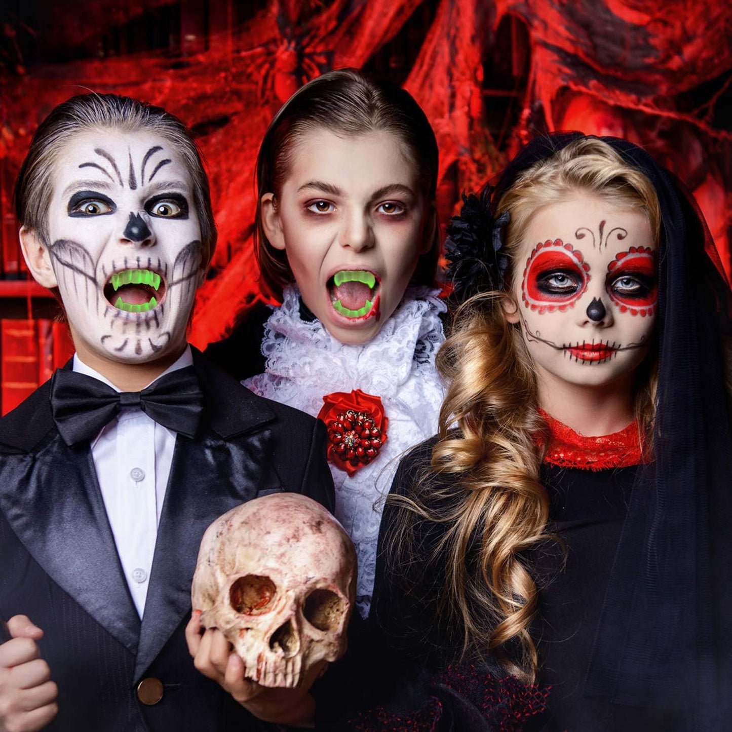 GIFTEXPRESS Colmillos que brillan en la oscuridad, dientes de vampiro/colmillos de Drácula, paquete individual, paquete de 144