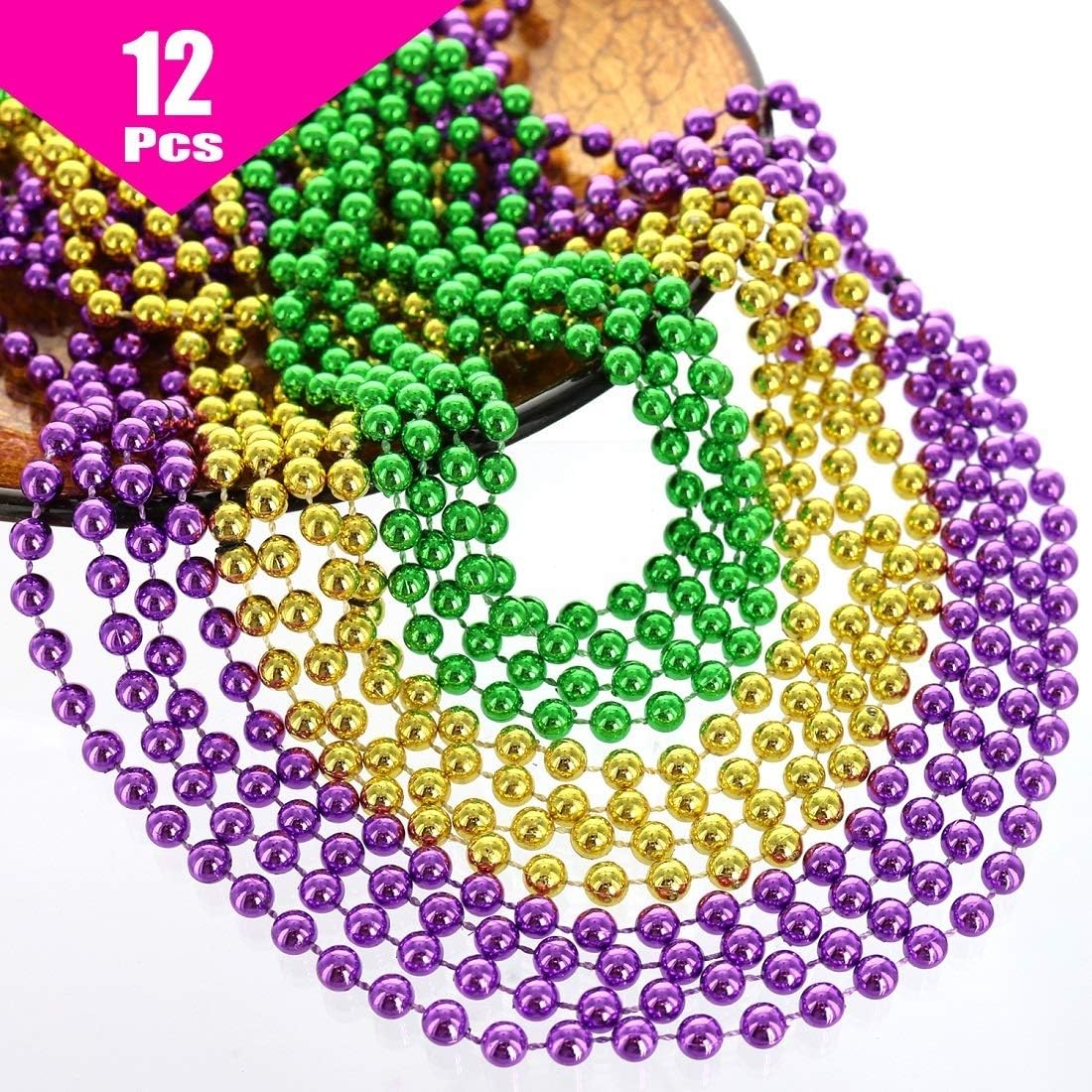 GIFTEXPRESS 12 cuentas de Mardi Gras doradas, verdes y moradas, collares multicolores de 33 pulgadas