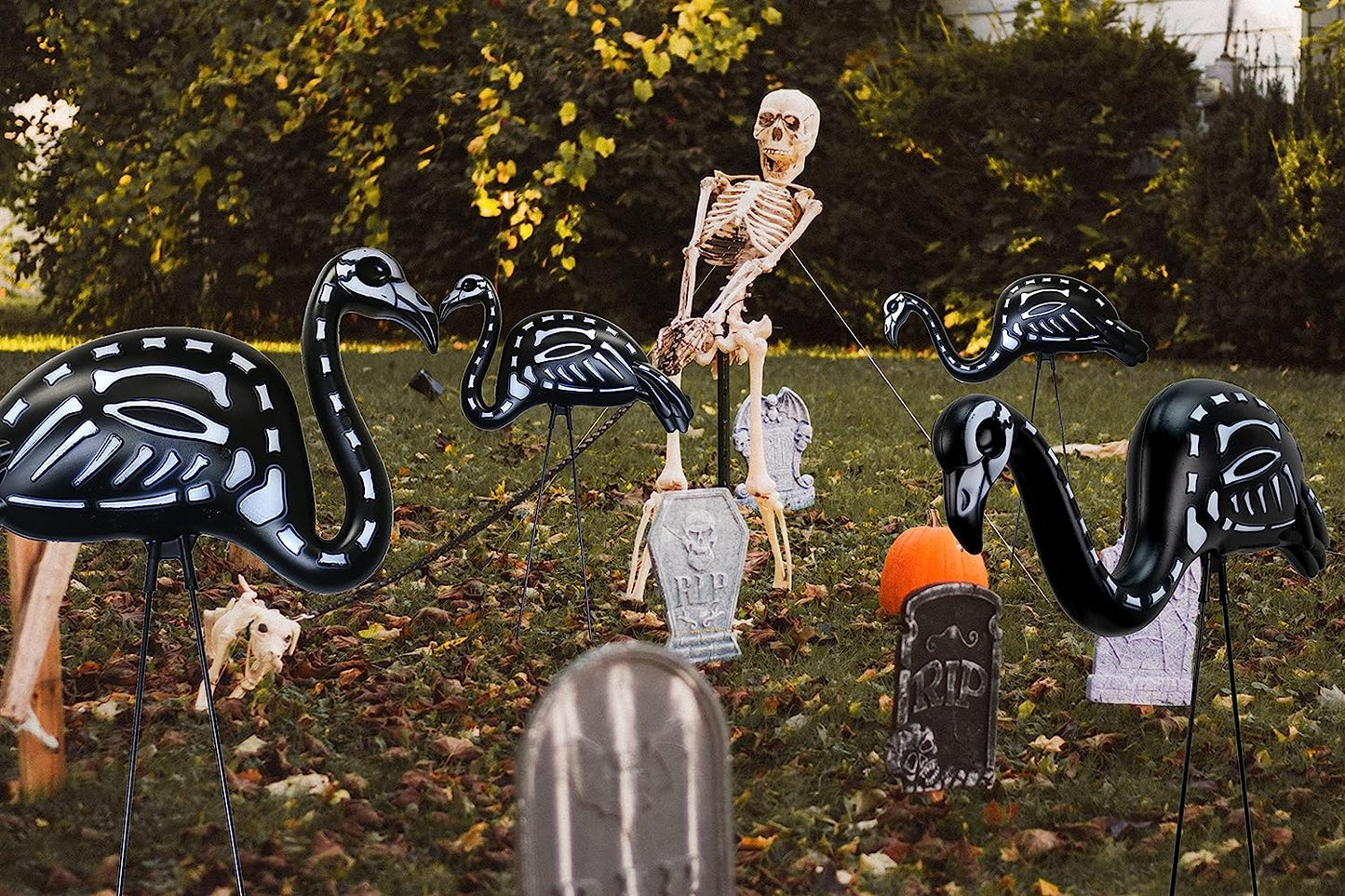 GIFTEXPRESS 4pcs Halloween Black Flamingo Skeleton, Zombie Flamingos