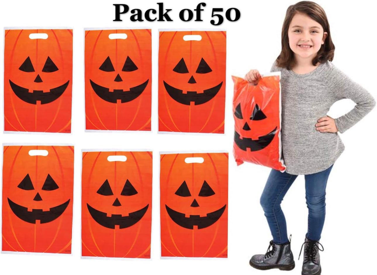 GIFTRXPRESS 50pcs 11" * 17" Jack O Lantern Trick or Treat Bag, Halloween Bags