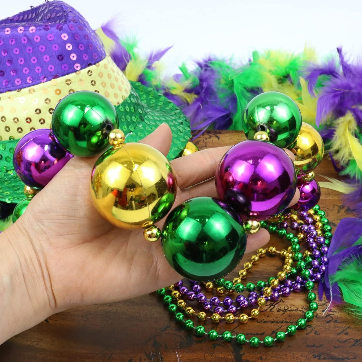 GIFTEXPRESS 6pcs Mardi Gras 46" Jumbo Ball Bead Necklaces and 33” 7mm Assorted Metallic Color Beaded Necklaces