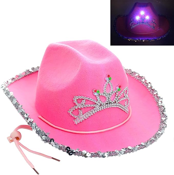 GIFTEXPRESS Sombrero de vaquera con tiara rosa parpadeante LED para niños, sombrero de vaquero iluminado