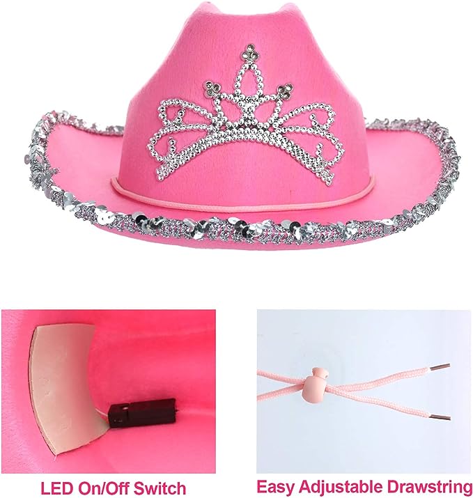 GIFTEXPRESS Sombrero de vaquera con tiara rosa parpadeante LED para niños, sombrero de vaquero iluminado