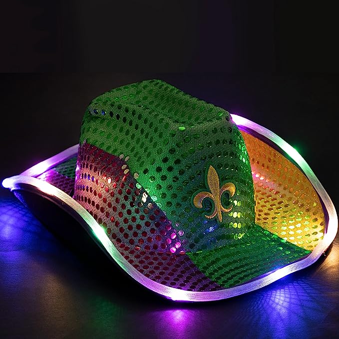 GIFTEXPRESS Adulto LED Light-UP Mardi Gras Lentejuelas Sombrero de vaquero