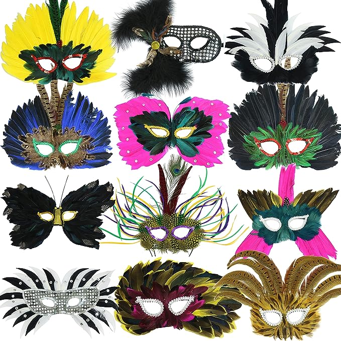 GIFTEXPRESS 12 máscaras de plumas de Mardi Gras