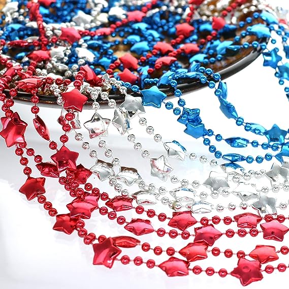 GIFTEXPRESS 12 collares con cuentas patrióticas, collares con cuentas de estrellas rojas, plateadas y azules metálicas