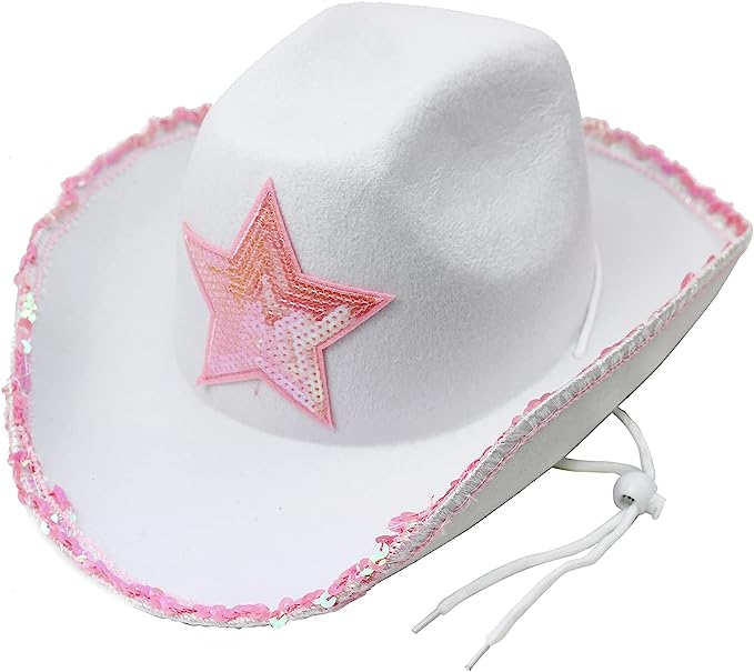 GIFTEXPRESS Sombrero de vaquera de fieltro blanco con estrella de lentejuelas rosa