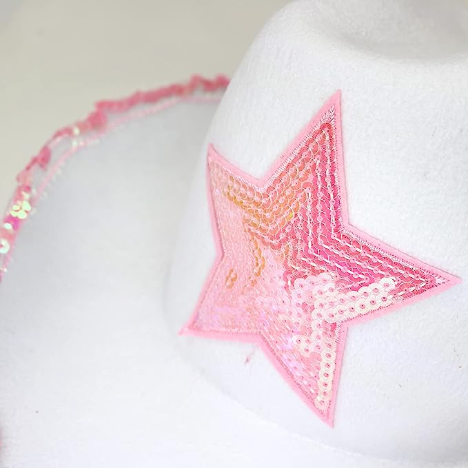 GIFTEXPRESS Sombrero de vaquera de fieltro blanco con estrella de lentejuelas rosa