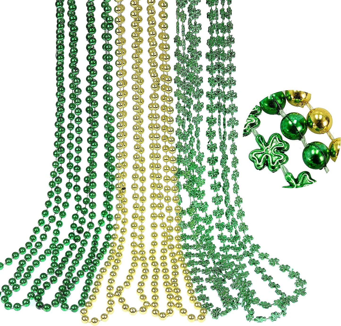 GIFTEXPRESS Collar de cuentas de Mardi Gras de 33 pulgadas, collar de cuentas de trébol de oro verde metálico (paquete de 12)