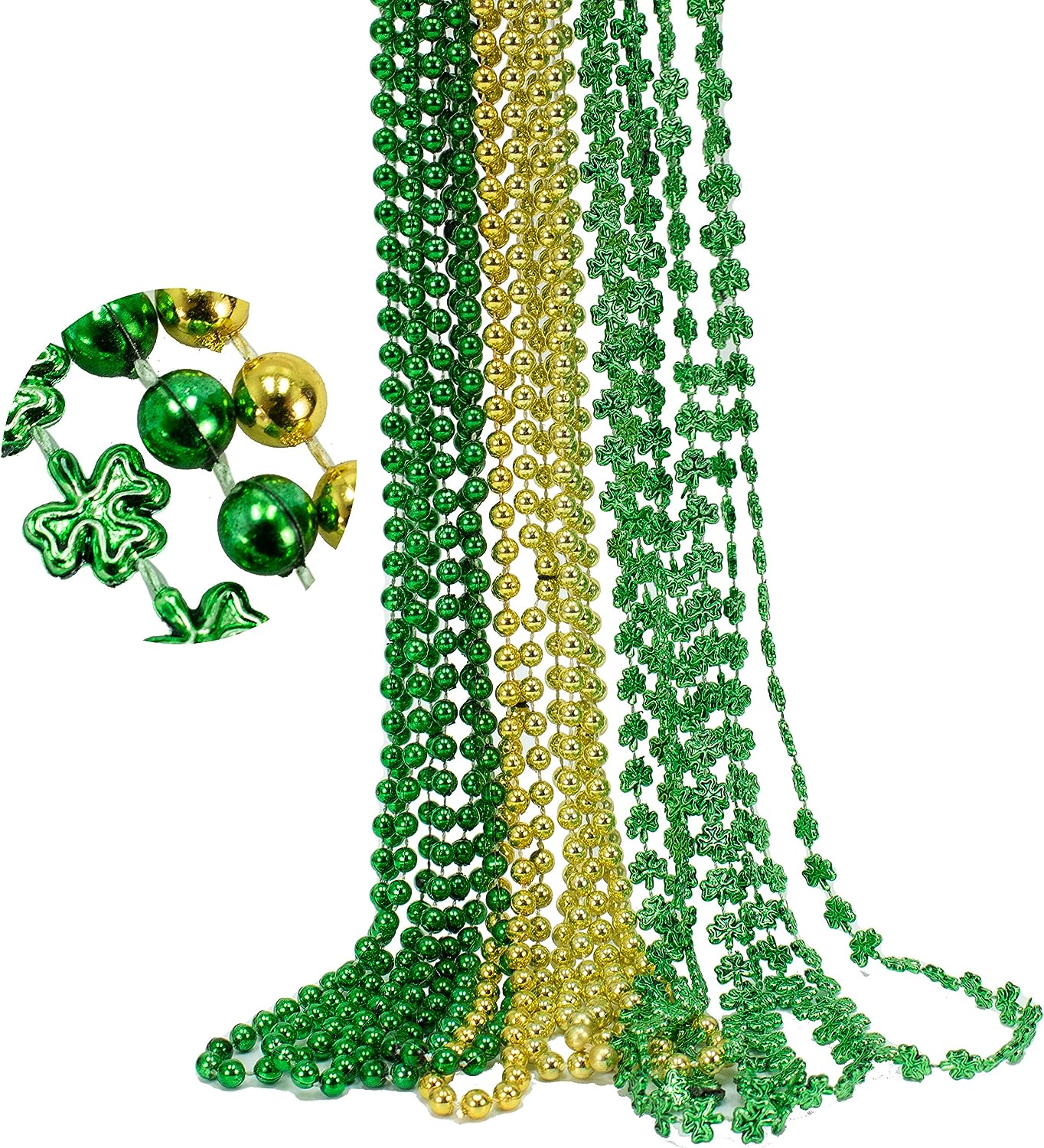 GIFTEXPRESS Collar de cuentas de Mardi Gras de 33 pulgadas, collar de cuentas de trébol de oro verde metálico (paquete de 12)