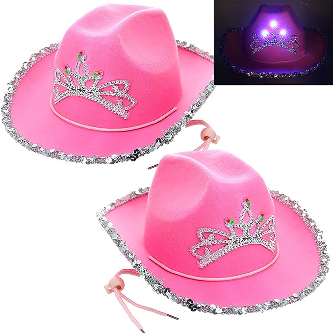 GIFTEXPRESS Sombrero de vaquera con tiara rosa parpadeante LED para niños, sombrero de vaquero iluminado