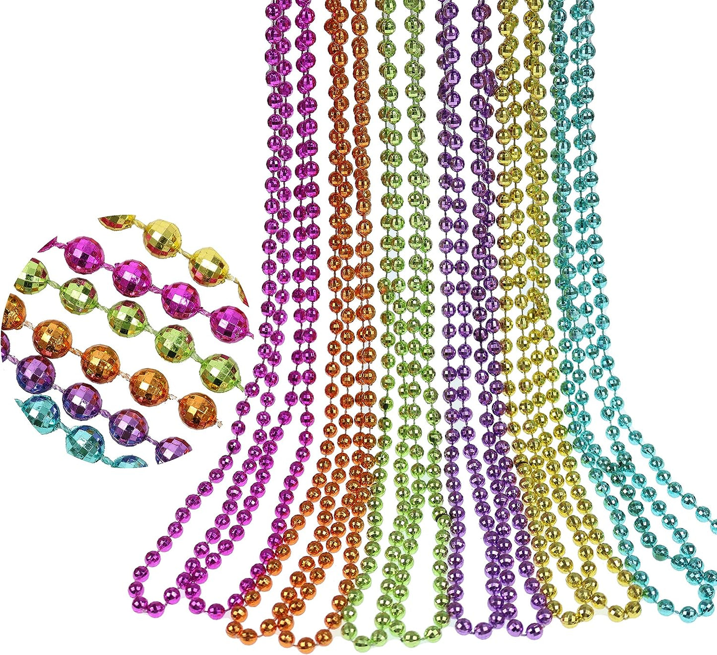 GIFTEXPRESS 33" Mardi Gras Beads Necklaces, Metallic Assorted Neon Color Disco Ball Beaded Necklace (Pack of 12)