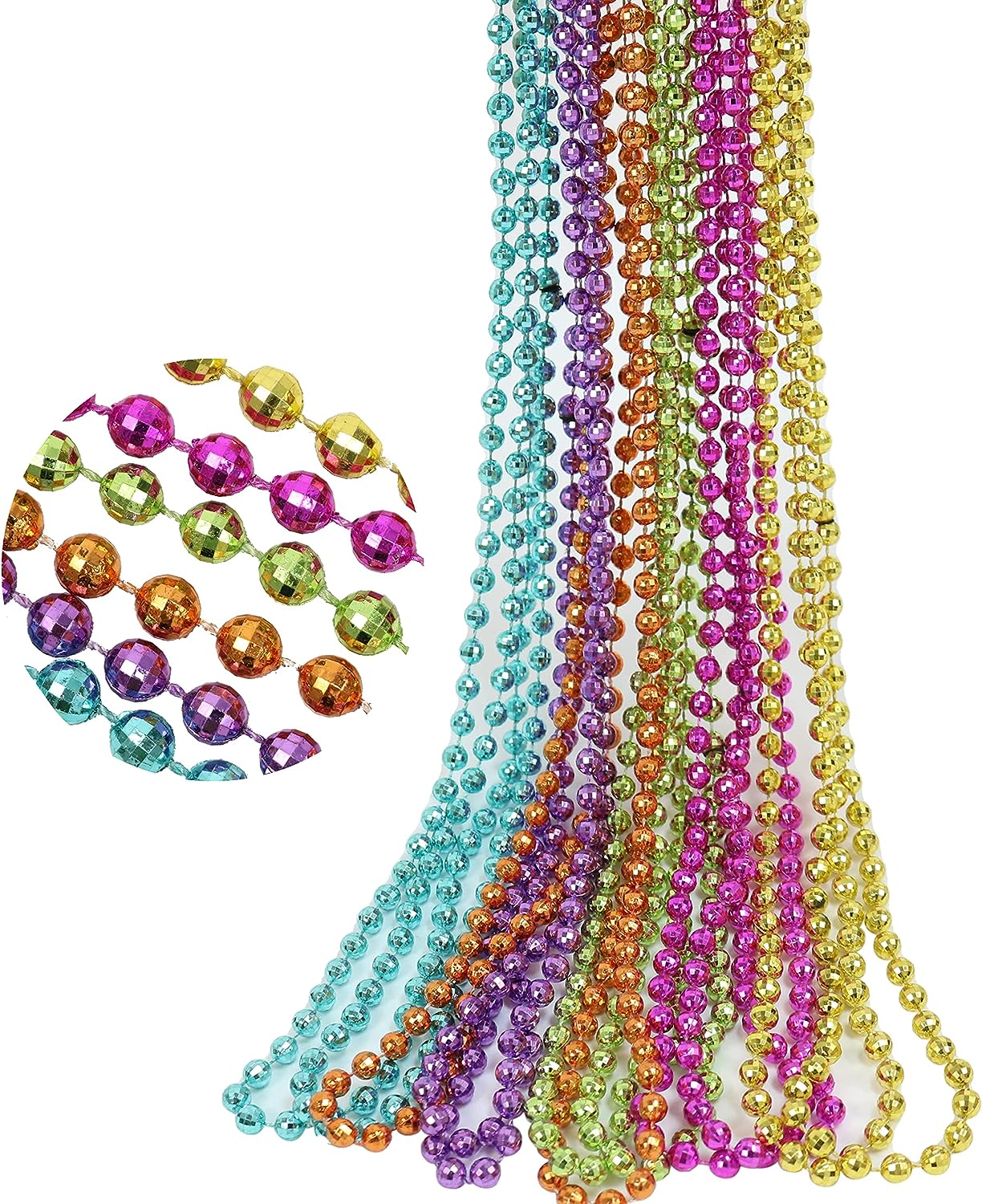 GIFTEXPRESS Collares de cuentas de Mardi Gras de 33 pulgadas, collar de cuentas de bola de discoteca de color neón surtido metálico (paquete de 12) 