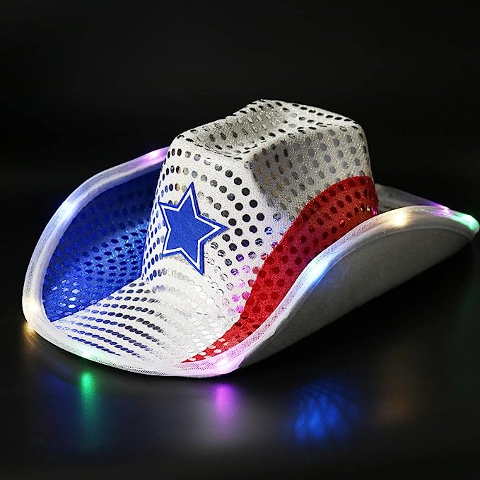 GIFTEXPRESS 4pcs Patriotic Red White Blue Sequin Blue Star Light Up Cowboy Hat