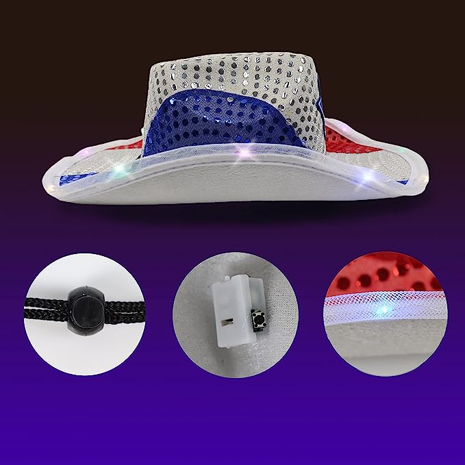 GIFTEXPRESS 4pcs Patriotic Red White Blue Sequin Blue Star Light Up Cowboy Hat