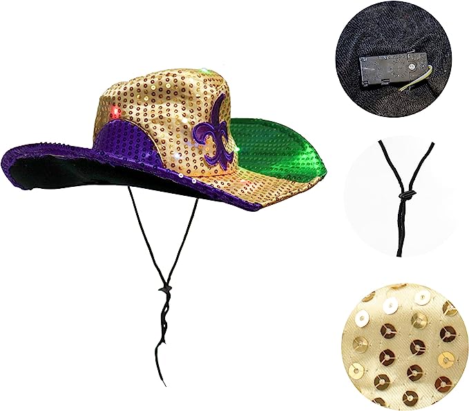 GIFTEXPRESS Adult LED Light-UP Mardi Gras Sequin Cowboy Hat