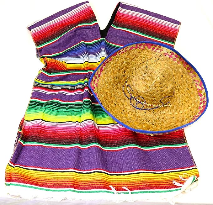 GIFTEXPRESS Mexican Poncho and Sombrero Set (Adults/Kids Set)