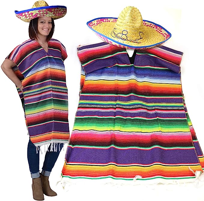 GIFTEXPRESS Mexican Poncho and Sombrero Set (Adults/Kids Set)