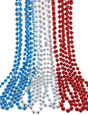 GIFTEXPRESS Metallic Red/Silver/Blue Beaded Necklaces, 33Inches * 7mm (Pack of 12)