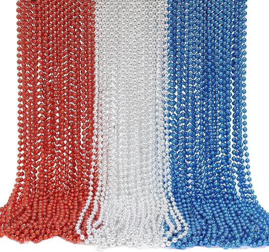 GIFTEXPRESS 72pcs 33" Mardi Gras Beads Necklace, Metallic Red White Blue Patriotic Beaded Necklace