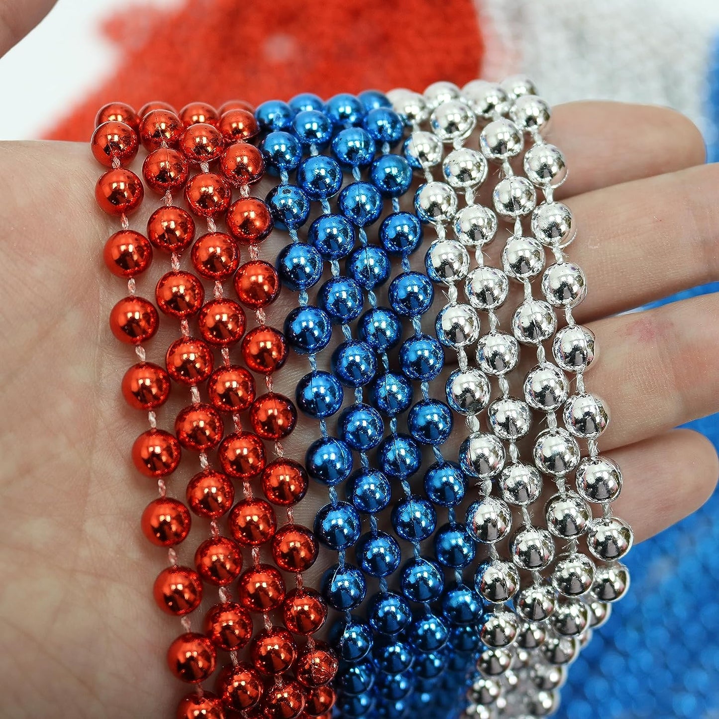 GIFTEXPRESS 72pcs 33" Mardi Gras Beads Necklace, Metallic Red White Blue Patriotic Beaded Necklace