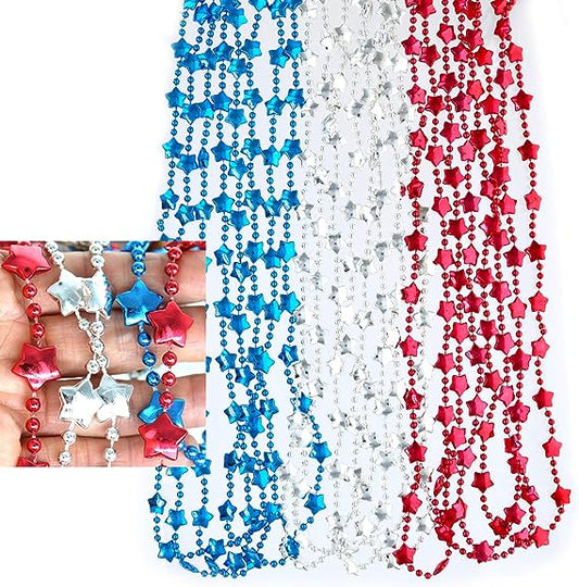 GIFTEXPRESS 12pcs Patriotic Beaded Necklaces, Metallic Red, Silver & Blue Star Bead Necklaces