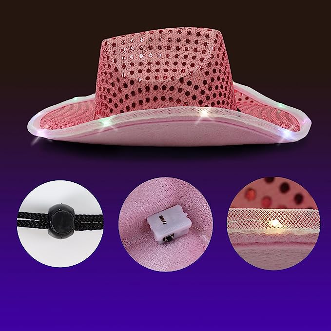 GIFTEXPRESS 4pcs Light Up Led Intermitente Sombrero de Vaquero con Lentejuelas 