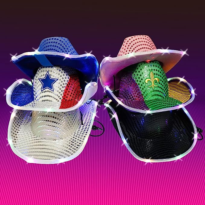 GIFTEXPRESS 4pcs Light Up Led Flashing Cowboy Hat wit Sequins