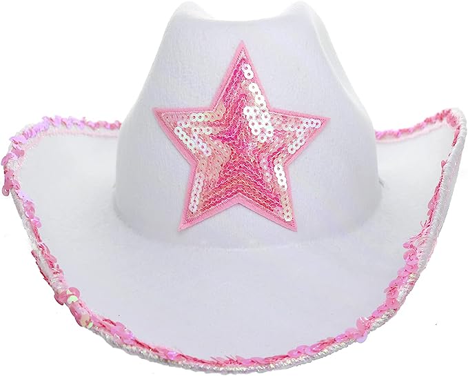 GIFTEXPRESS Sombrero de vaquera de fieltro blanco con estrella de lentejuelas rosa 
