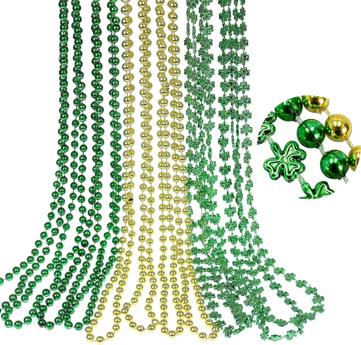 GIFTEXPRESS Collar de cuentas de Mardi Gras de 33 pulgadas, collar de cuentas de trébol de oro verde metálico (paquete de 12) 
