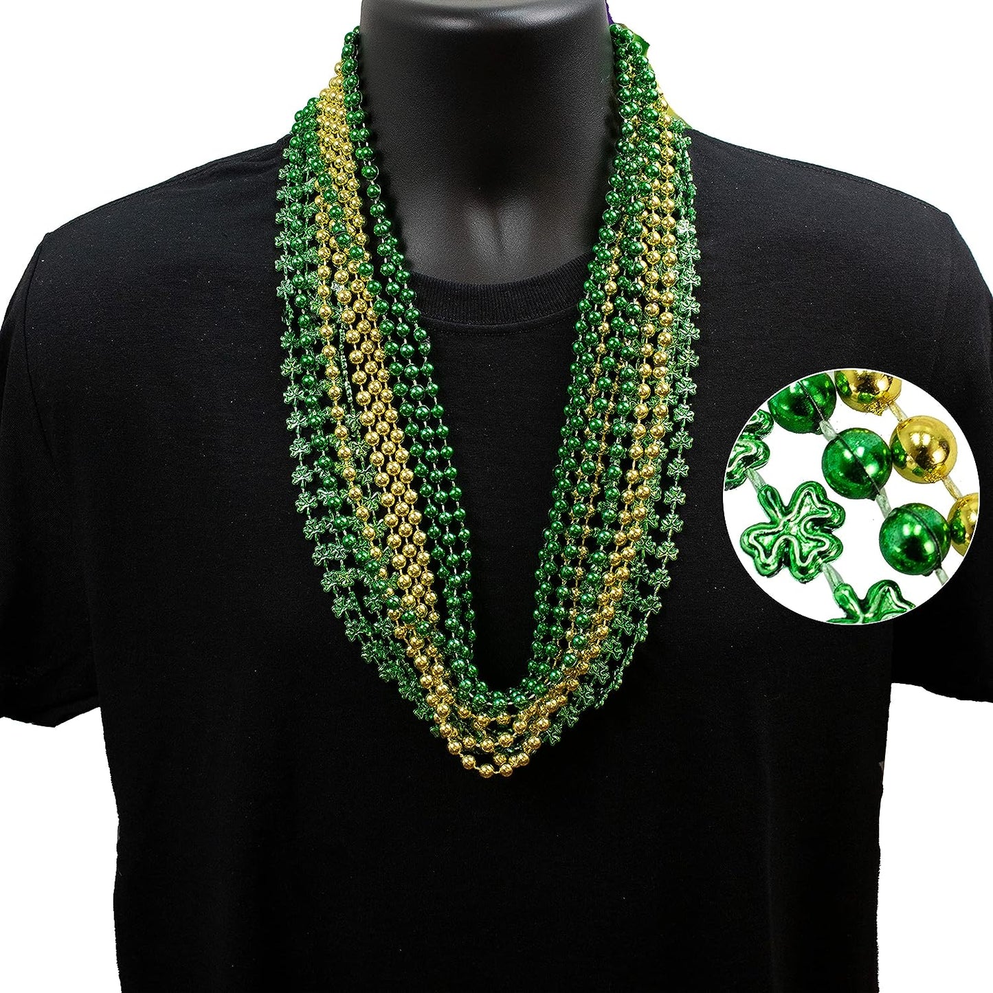 GIFTEXPRESS Collar de cuentas de Mardi Gras de 33 pulgadas, collar de cuentas de trébol de oro verde metálico (paquete de 12) 