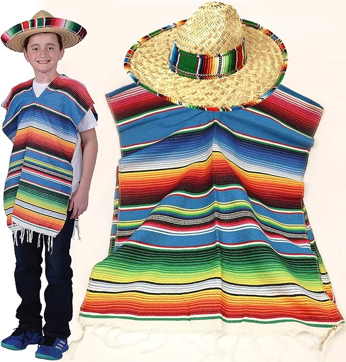 GIFTEXPRESS Juego de poncho y sombrero mexicano (juego para adultos/niños) 